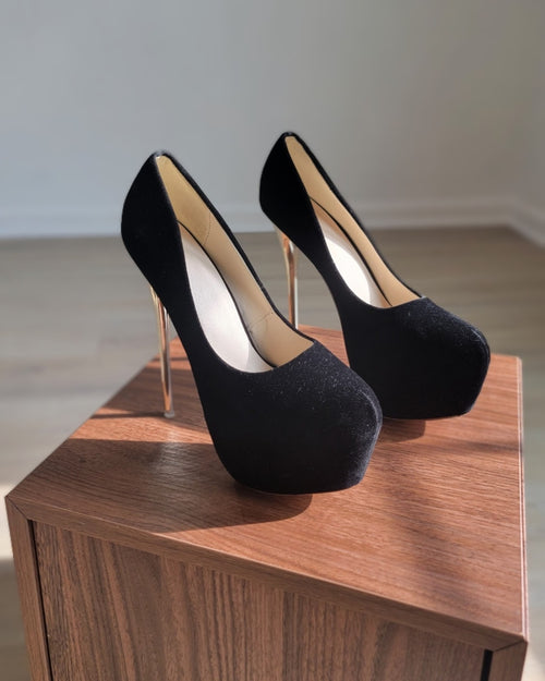 Black Suede Round Toe Platforms Stilettos with Golden Heels