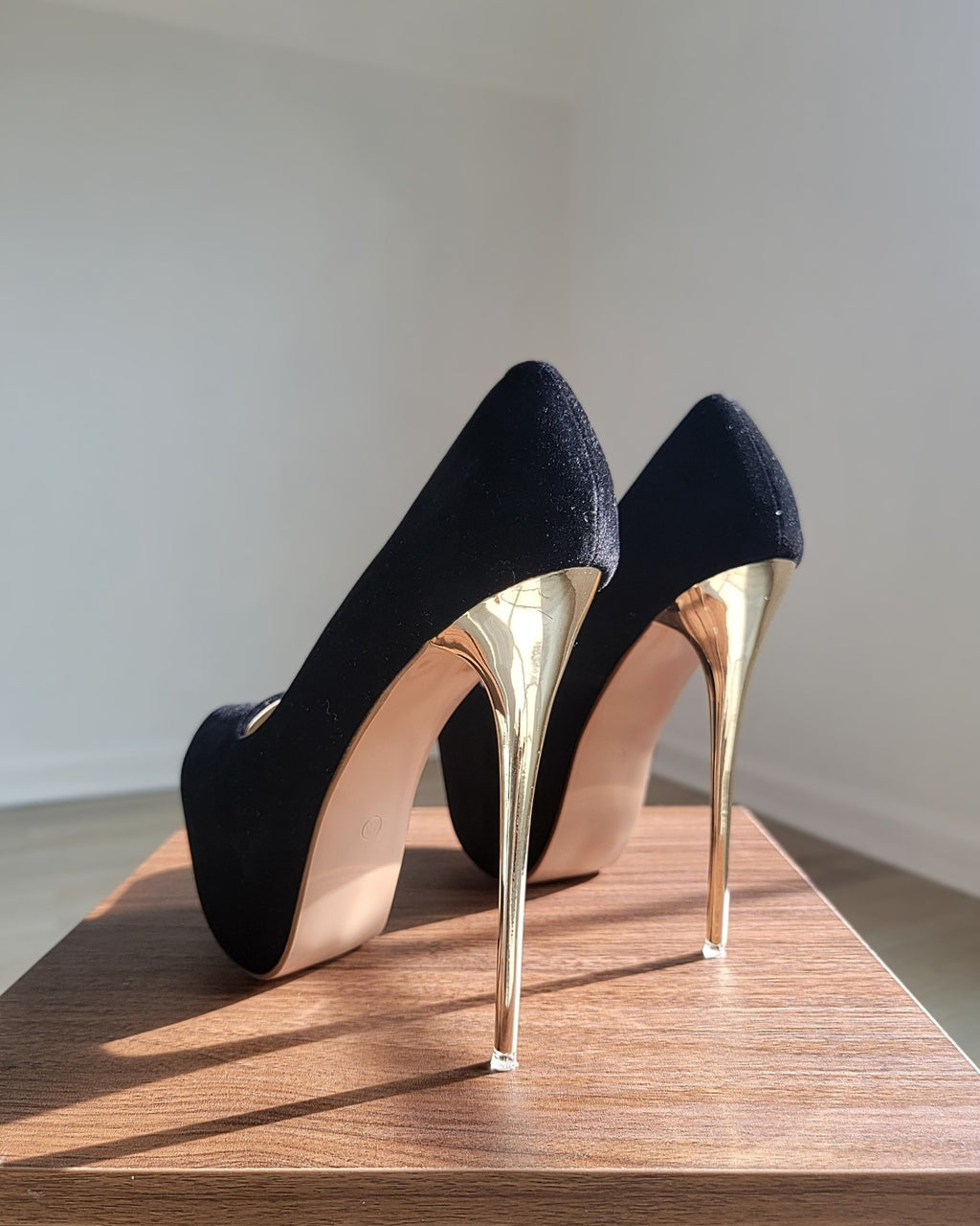 Black Suede Round Toe Platforms Stilettos with Golden Heels