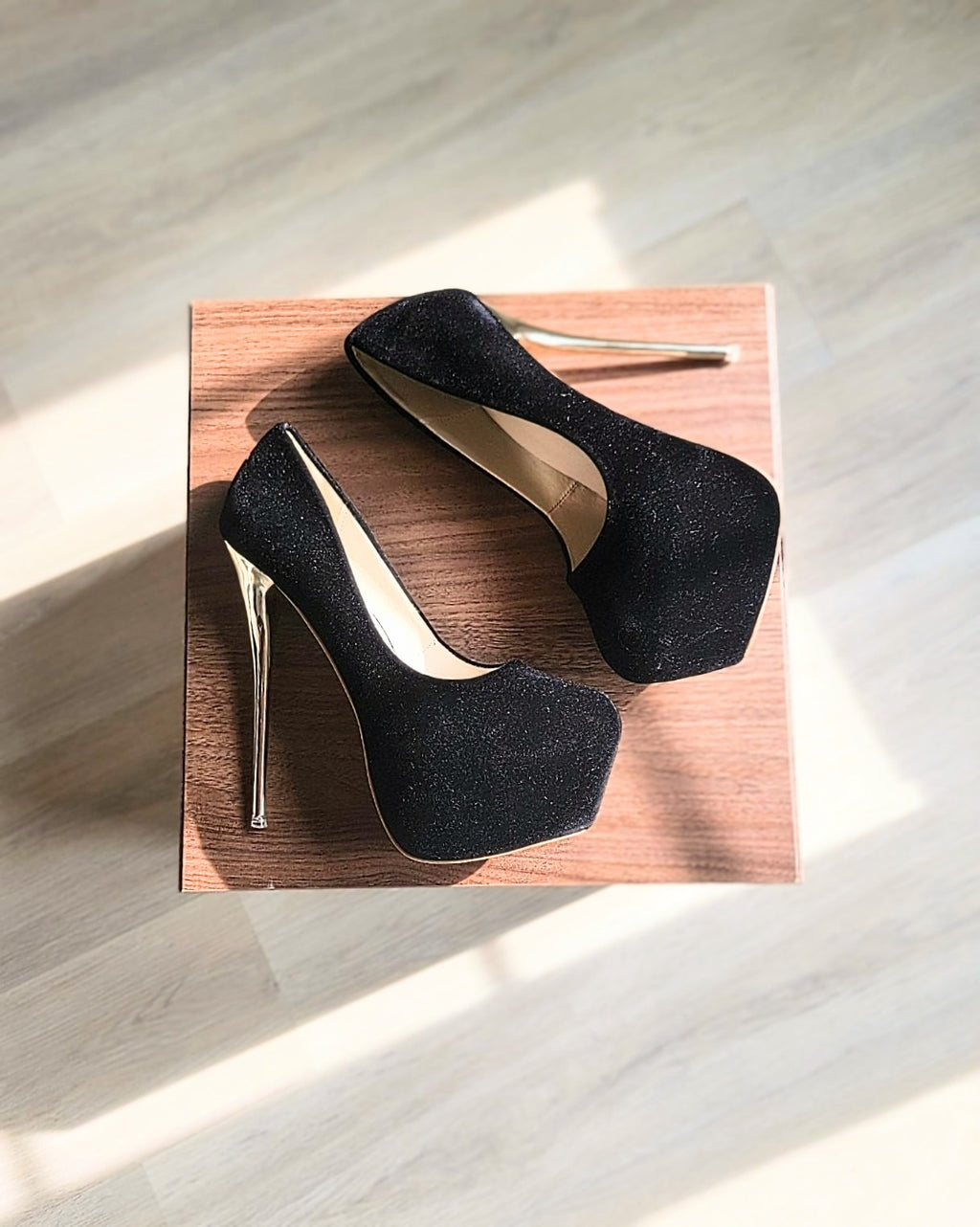 Black Suede Round Toe Platforms Stilettos with Golden Heels