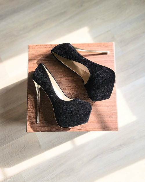 Black Suede Round Toe Platforms Stilettos with Golden Heels