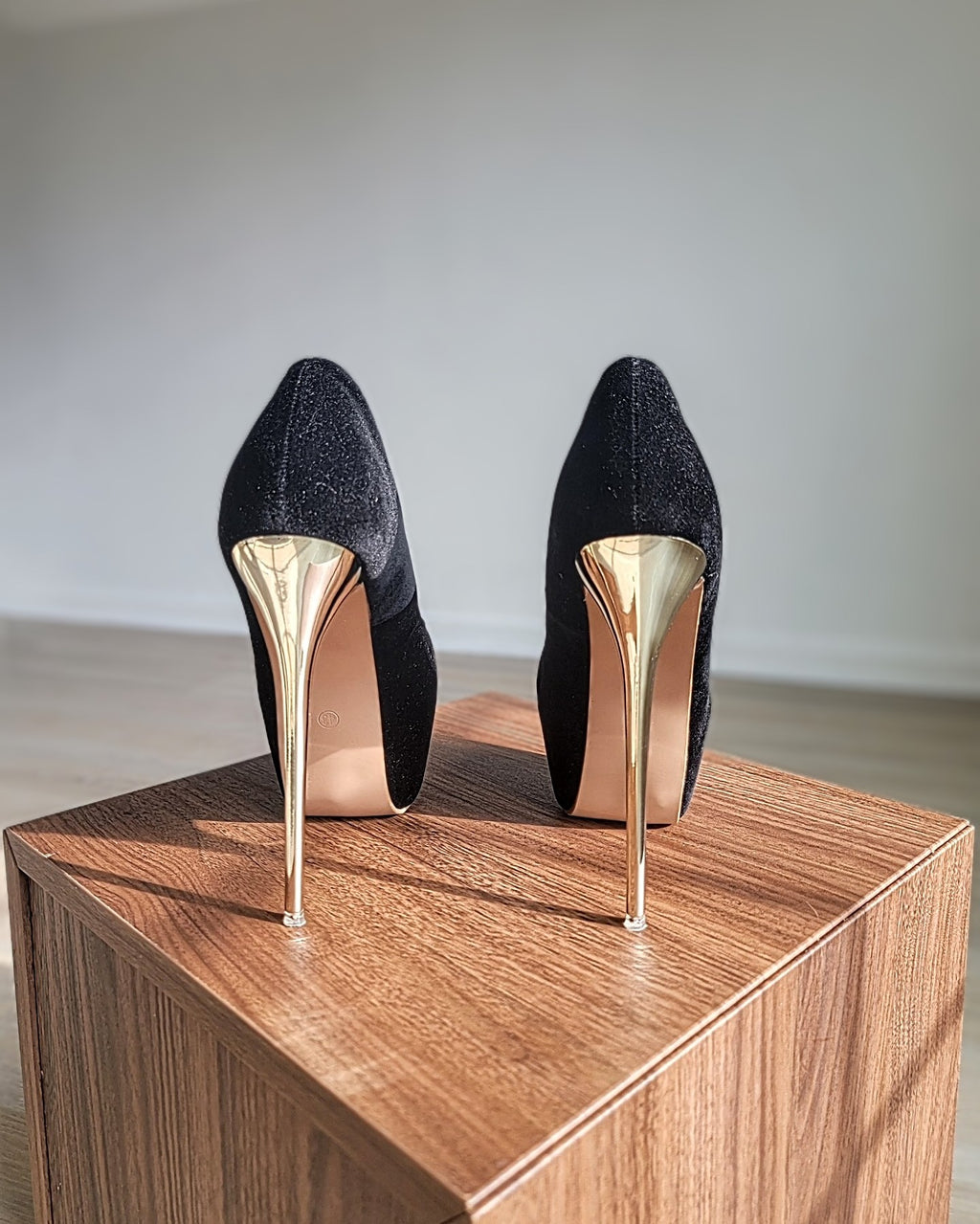 Black Suede Round Toe Platforms Stilettos with Golden Heels