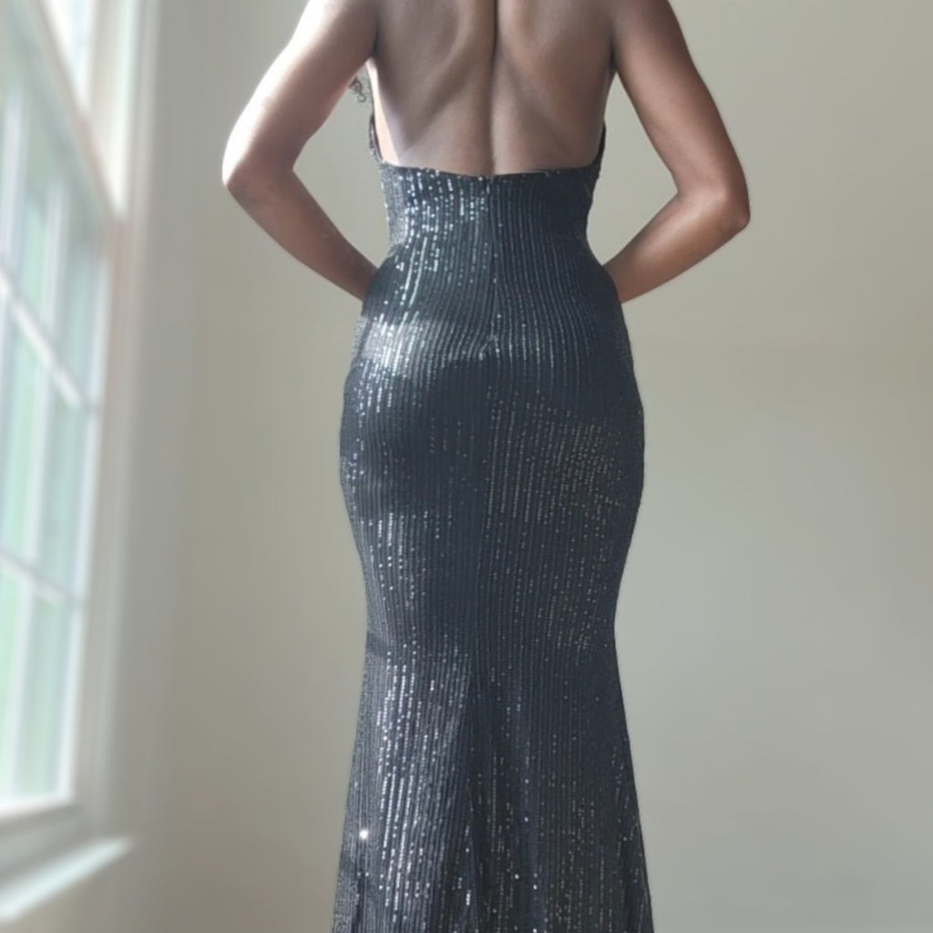 Back view of a person wearing a black sequin maxi dress. The dress is sleeveless with a low, open back that exposes the upper back and shoulders. It fits closely through the waist and hips, then extends straight to the floor. Vertical rows of small black sequins cover the fabric, creating a subtle shine. The person is standing upright with hands resting near the waist.